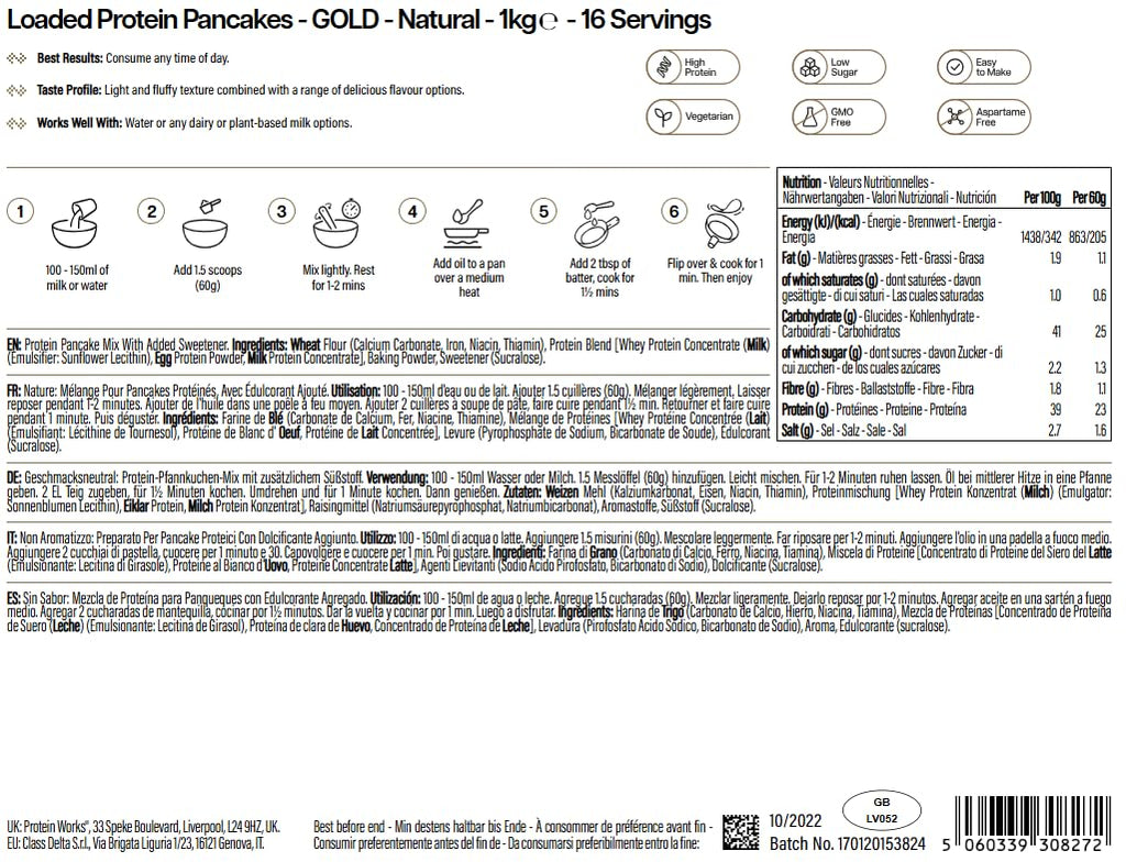 Protein Works Loaded Protein Pancakes - Gold Natural Flavour 1kg High Protein Powder Mix - Damaged Box - BBE 06/2026