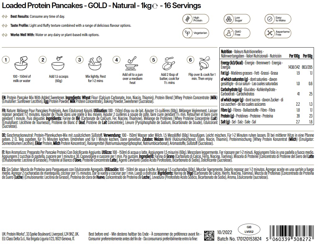 Protein Works Loaded Protein Pancakes - Gold Natural Flavour 1kg High Protein Powder Mix - Damaged Box - BBE 06/2026