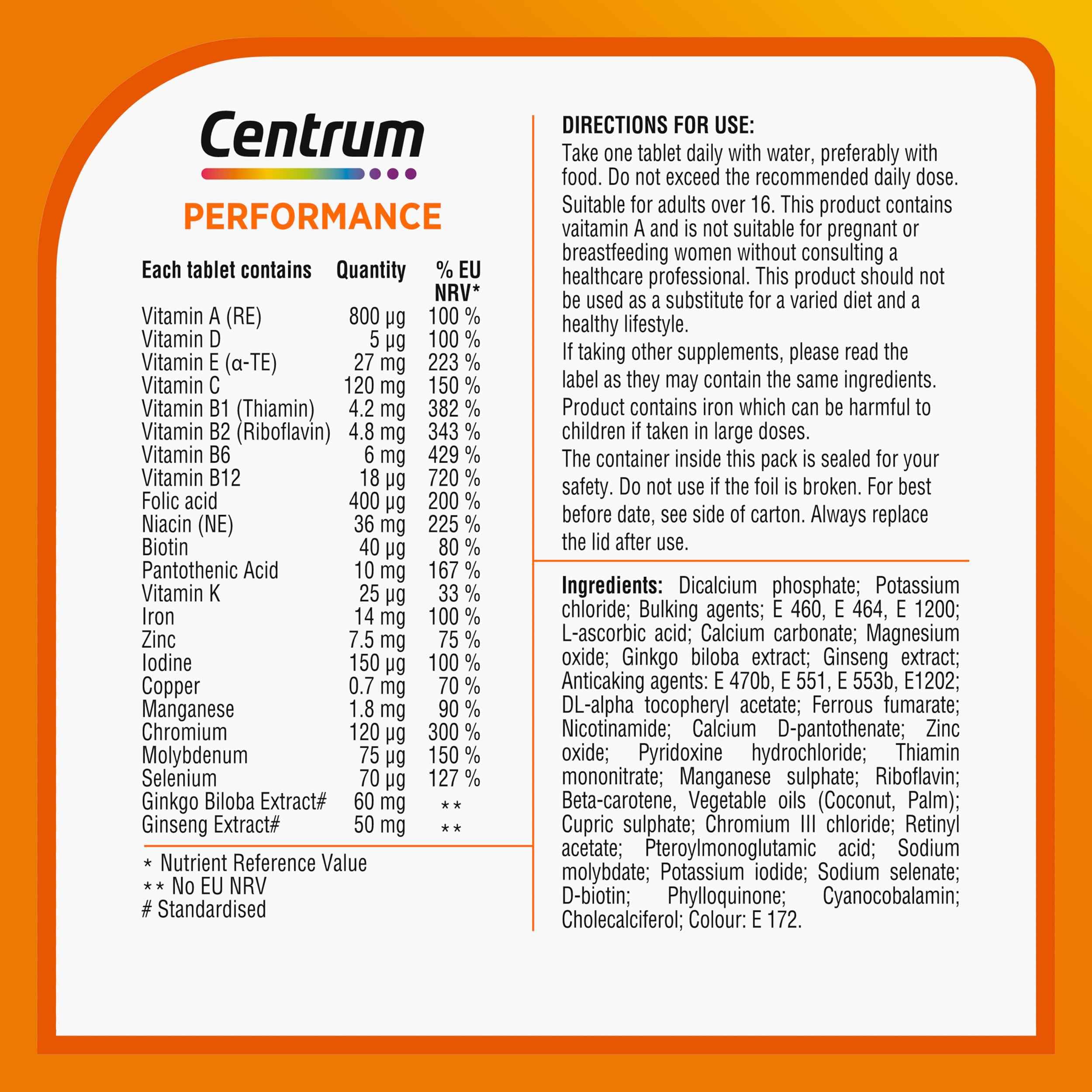 Centrum Performance Tablets Multivitamin & Mineral Supplements, 21 Essential nutrients, Including Vitamin C, D, and Iron, 60 ct - Damaged Box - BBE 02/2027