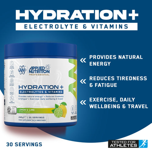 Applied Nutrition Hydration+ Electrolytes Vitamin Powder - Sugar-Free Drink Mix - Lemon & Lime 240g (30 Servings) - Energy Recovery - New - BBE 11/2027