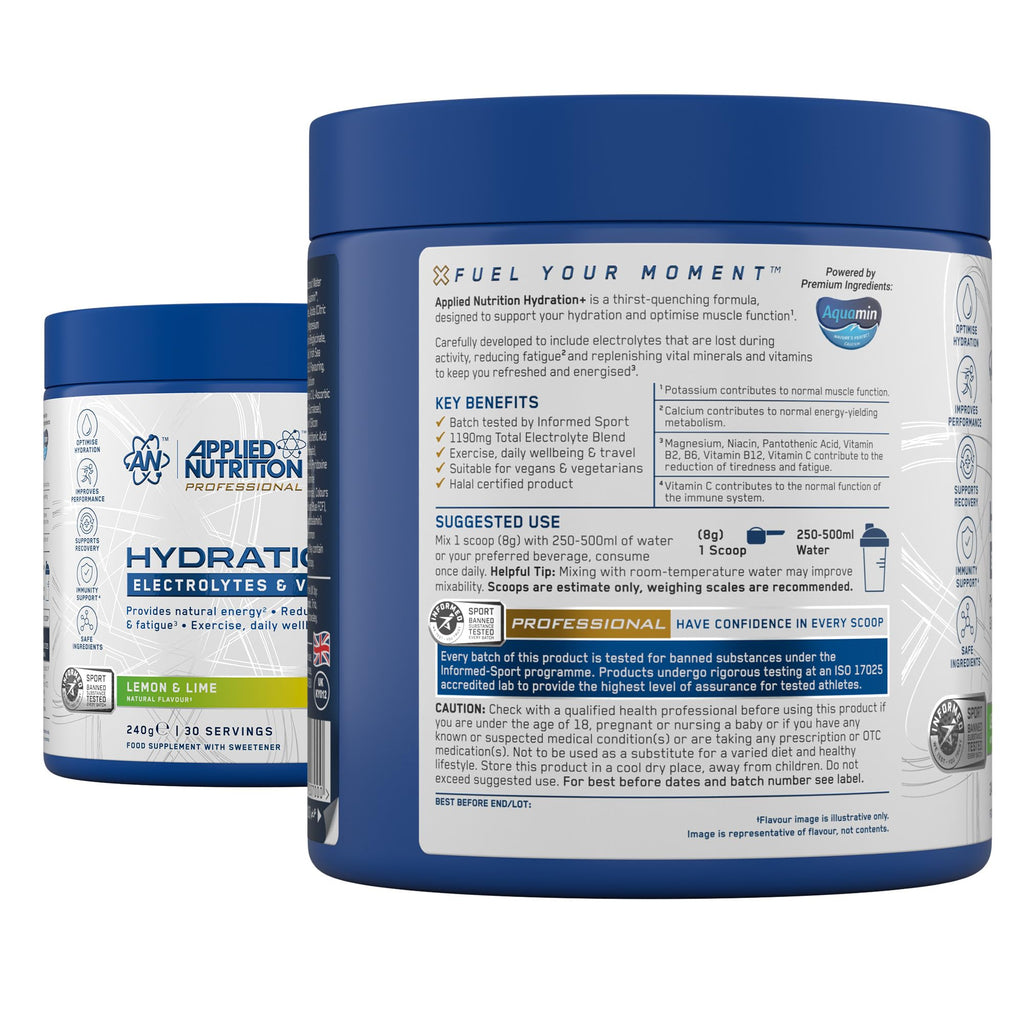 Applied Nutrition Hydration+ Electrolytes Vitamin Powder - Sugar-Free Drink Mix - Lemon & Lime 240g (30 Servings) - Energy Recovery - New - BBE 11/2027