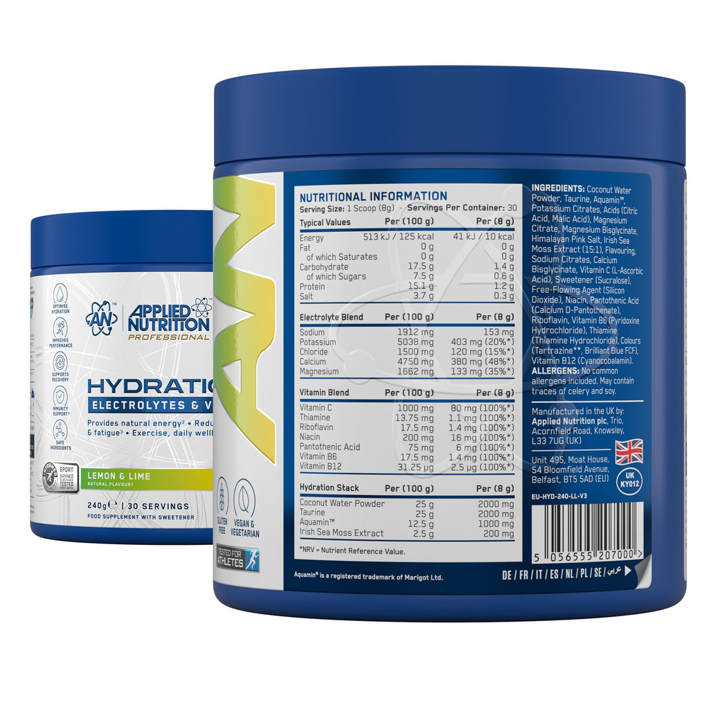 Applied Nutrition Hydration+ Electrolytes Vitamin Powder - Sugar-Free Drink Mix - Lemon & Lime 240g (30 Servings) - Energy Recovery - New - BBE 11/2027