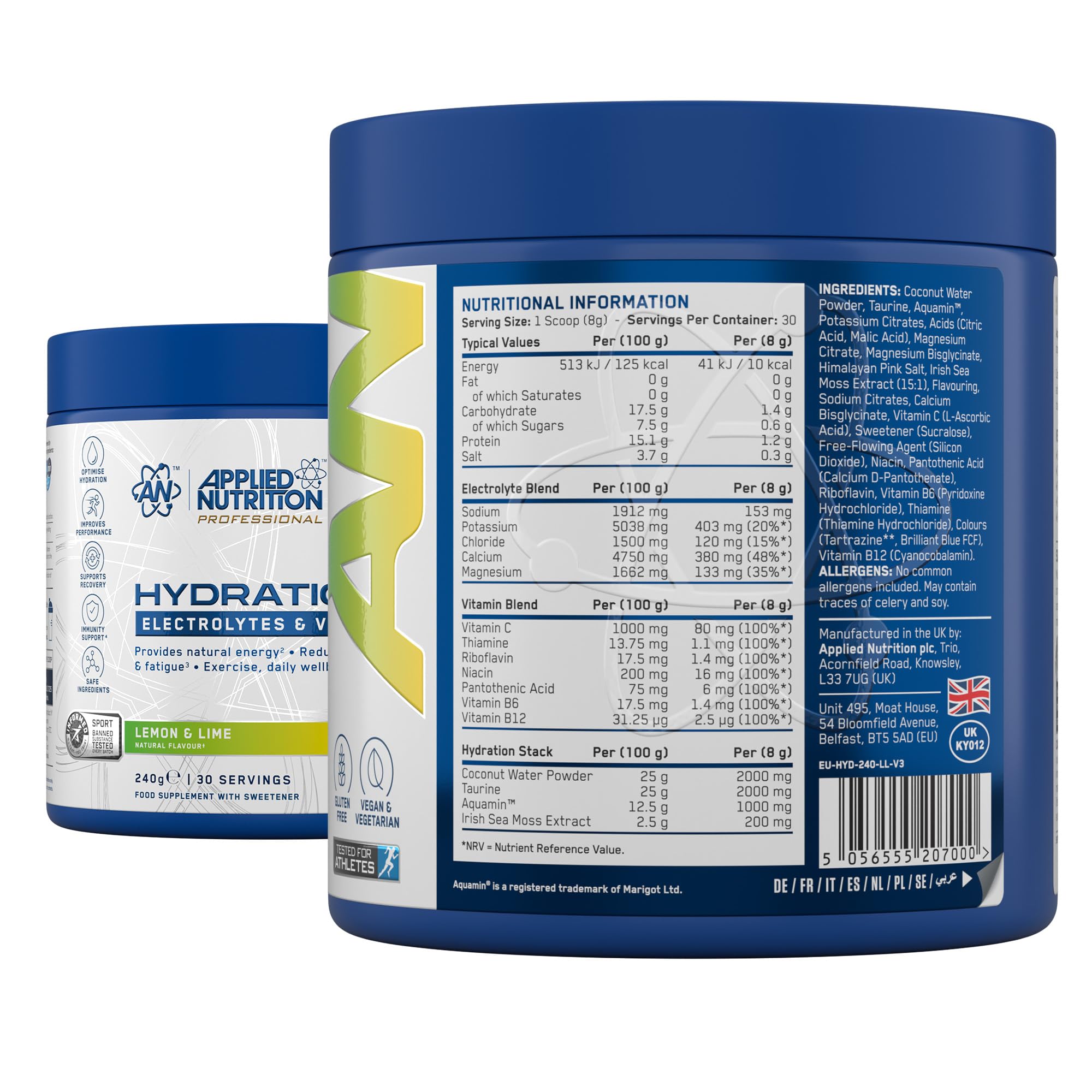 Applied Nutrition Hydration+ Electrolytes Vitamin Powder - Sugar-Free Drink Mix - Lemon & Lime 240g (30 Servings) - Energy Recovery - New - BBE 11/2027