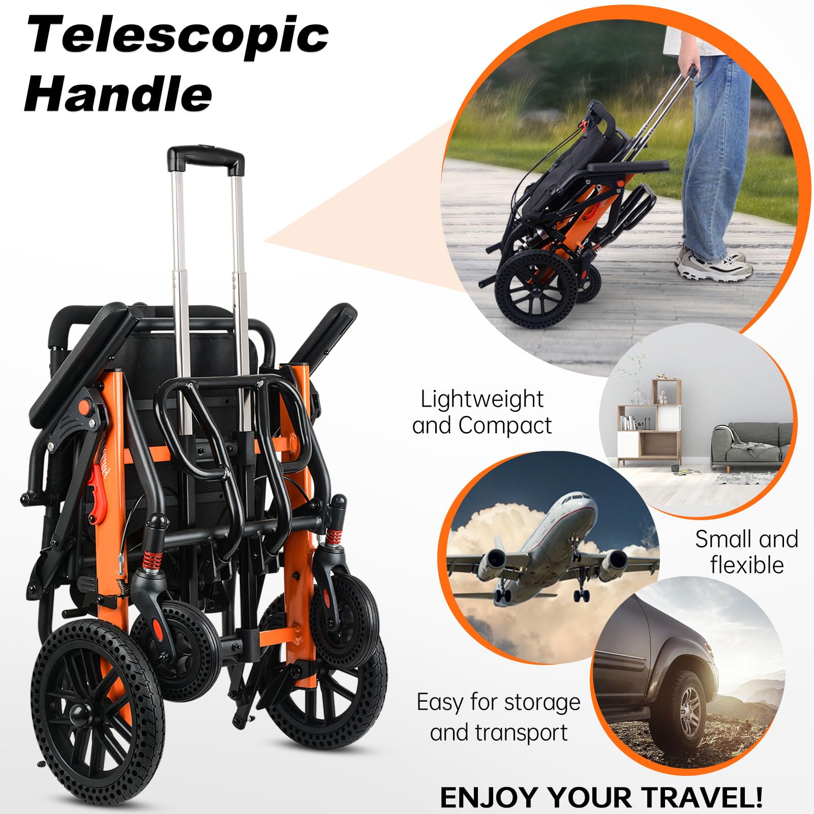 WISGING Ultra-Light Transport Wheelchair, Folding Portable Wheelchair with Hand Brake, Trolleys for Elderly Aircraft Travel, Wheelchairs for Adults (with Travel Bag/Backbag) (with Telescopic Handle) - Damaged Box