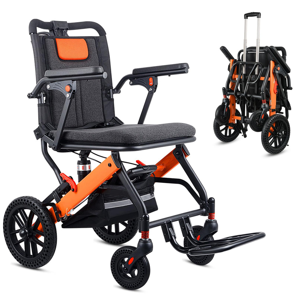 WISGING Ultra-Light Transport Wheelchair, Folding Portable Wheelchair with Hand Brake, Trolleys for Elderly Aircraft Travel, Wheelchairs for Adults (with Travel Bag/Backbag) (with Telescopic Handle) - Damaged Box