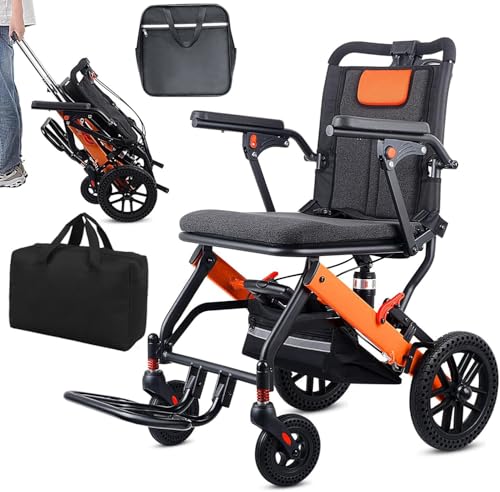 WISGING Ultra-Light Transport Wheelchair, Folding Portable Wheelchair with Hand Brake, Trolleys for Elderly Aircraft Travel, Wheelchairs for Adults (with Travel Bag/Backbag) (with Telescopic Handle) - Damaged Box
