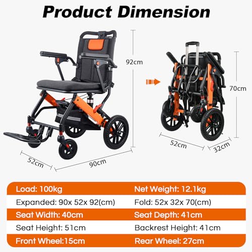 WISGING Ultra-Light Transport Wheelchair, Folding Portable Wheelchair with Hand Brake, Trolleys for Elderly Aircraft Travel, Wheelchairs for Adults (with Travel Bag/Backbag) (with Telescopic Handle) - Damaged Box