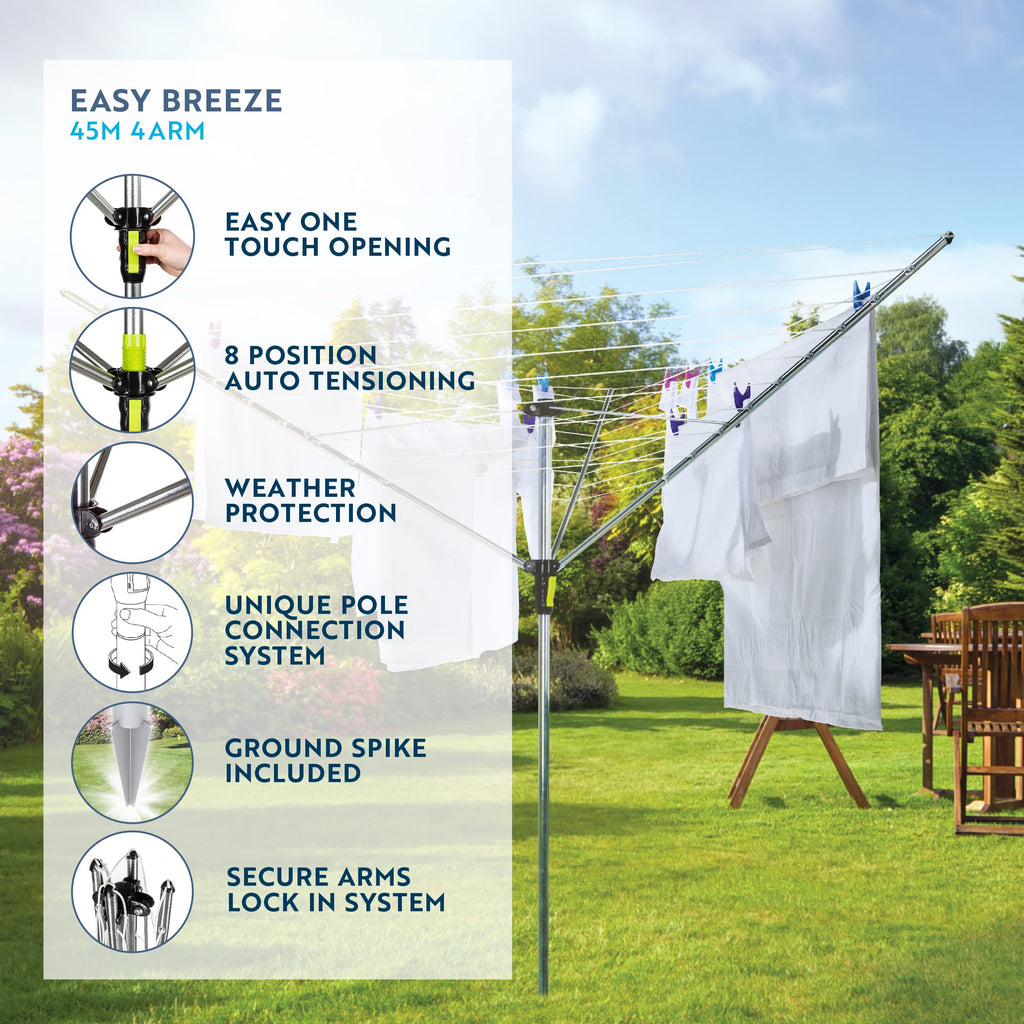 Minky Easy Breeze 45m 4 Arm Rotary Airer - Outdoor Washing Line Dryer with Cover - Silver Alloy Steel - Very Good