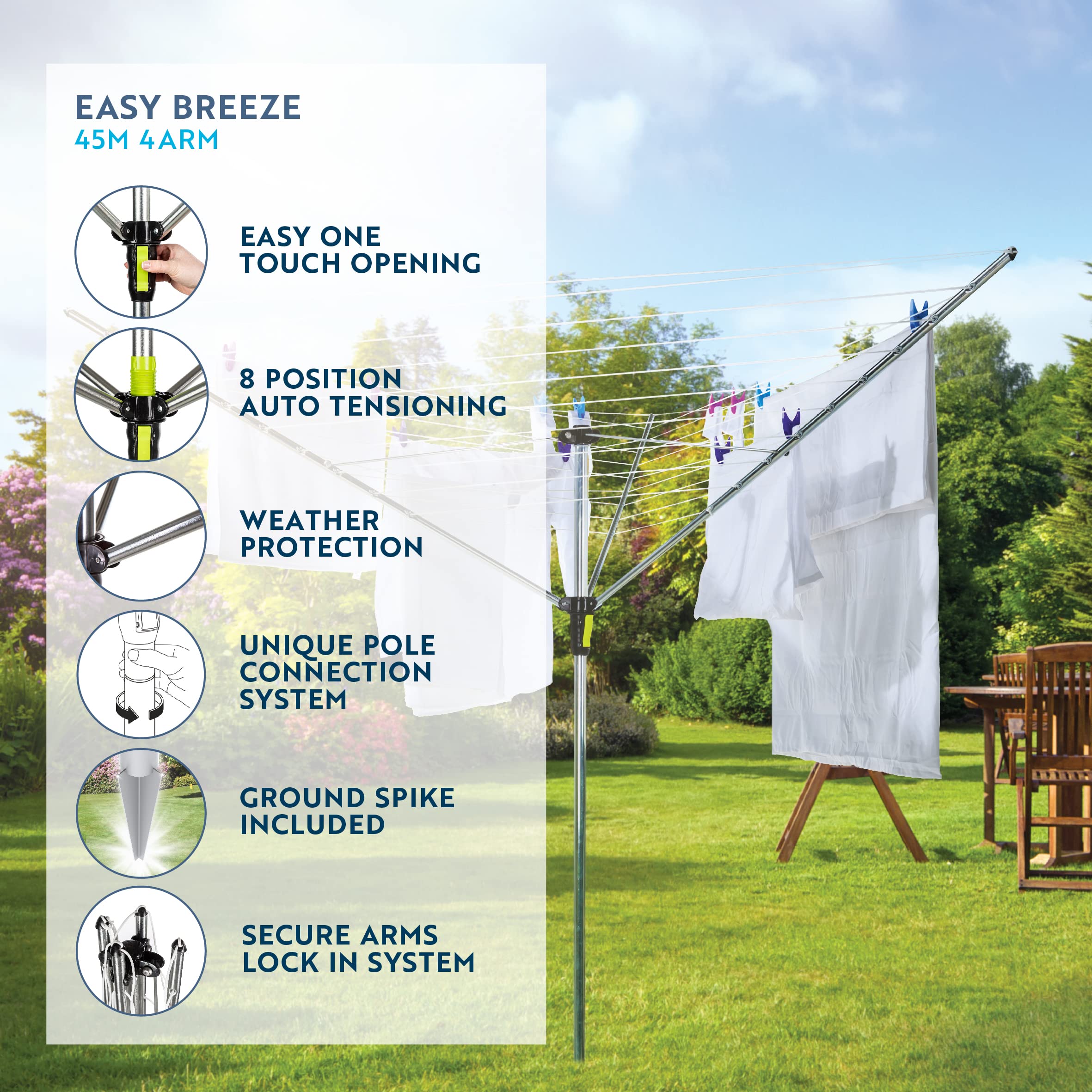 Minky Easy Breeze 45m 4 Arm Rotary Airer - Outdoor Washing Line Dryer with Cover - Silver Alloy Steel - Very Good