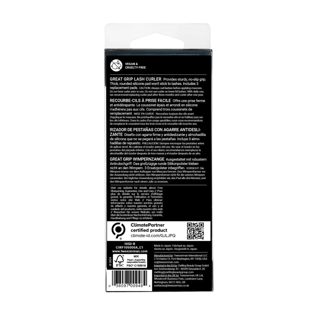 Tweezerman Onyx Great Grip White Eyelash Curler - 3 Replacement Pads - Pack of 1 - Beauty Tool - New