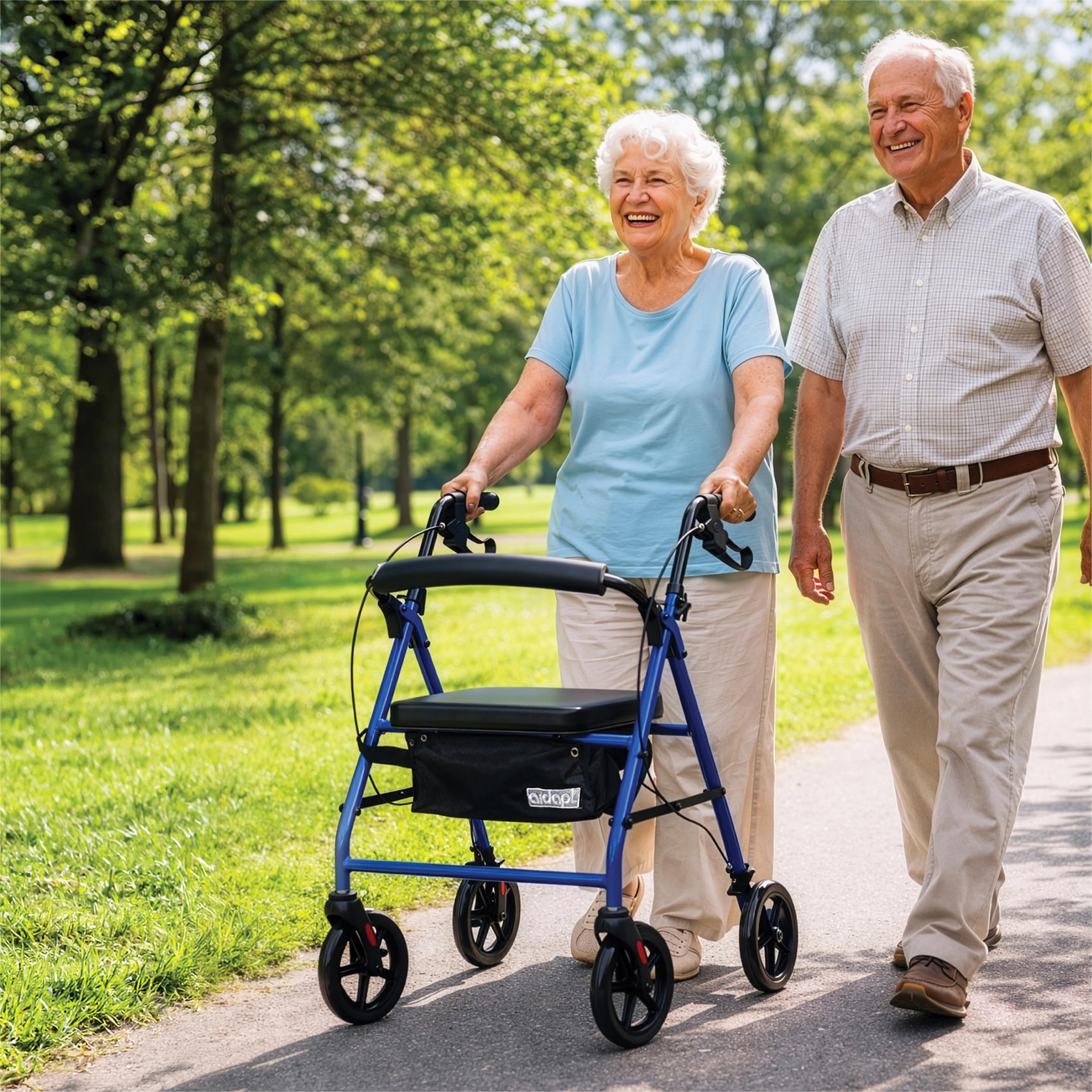 Aidapt Folding Rollator Walker with Padded Seat, Steel Frame, 8 Inch Puncture-Proof Wheels, Walking Aid with Brakes, Shopping Bag & Adjustable Handles for Seniors and Elderly - Very Good