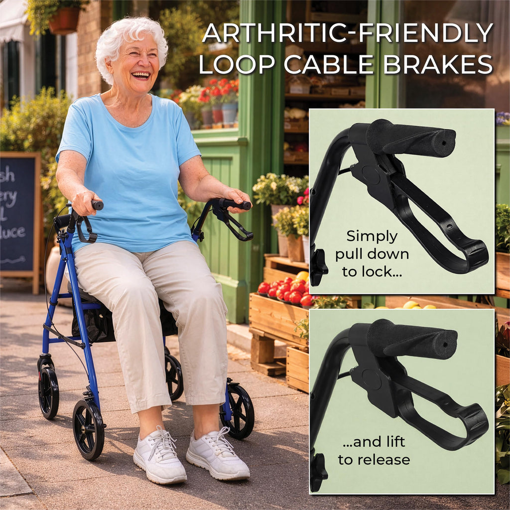 Aidapt Folding Rollator Walker with Padded Seat, Steel Frame, 8 Inch Puncture-Proof Wheels, Walking Aid with Brakes, Shopping Bag & Adjustable Handles for Seniors and Elderly - Very Good