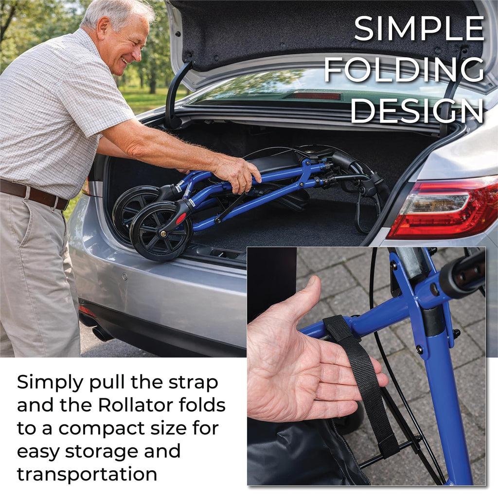 Aidapt Folding Rollator Walker with Padded Seat, Steel Frame, 8 Inch Puncture-Proof Wheels, Walking Aid with Brakes, Shopping Bag & Adjustable Handles for Seniors and Elderly - Very Good