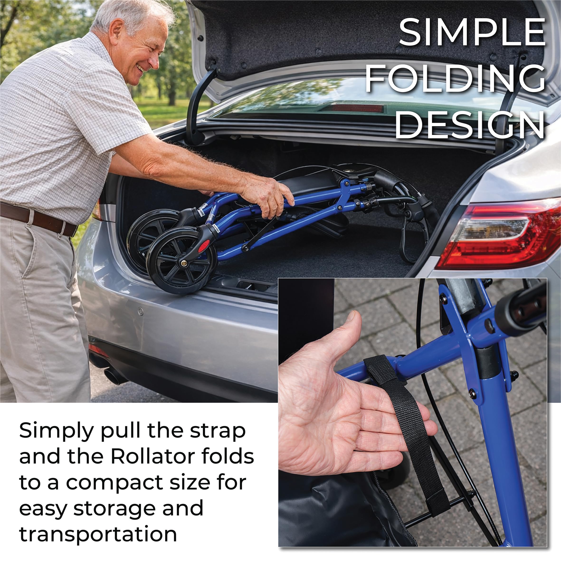 Aidapt Folding Rollator Walker with Padded Seat, Steel Frame, 8 Inch Puncture-Proof Wheels, Walking Aid with Brakes, Shopping Bag & Adjustable Handles for Seniors and Elderly - Very Good