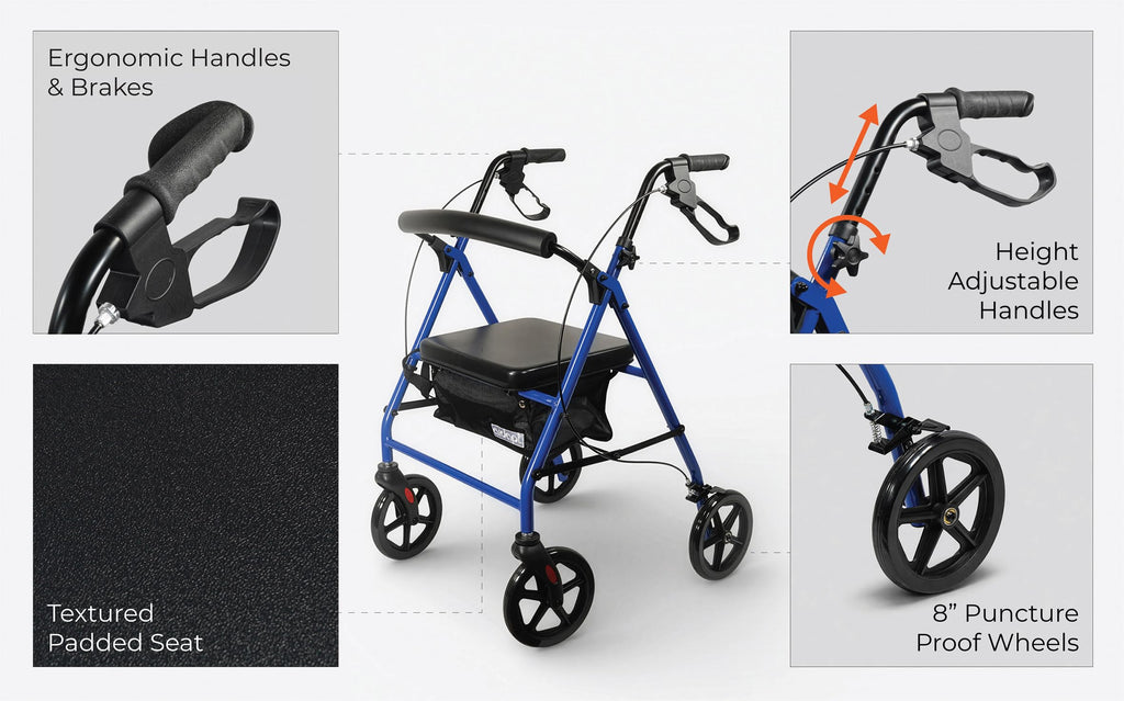 Aidapt Folding Rollator Walker with Padded Seat, Steel Frame, 8 Inch Puncture-Proof Wheels, Walking Aid with Brakes, Shopping Bag & Adjustable Handles for Seniors and Elderly - Very Good
