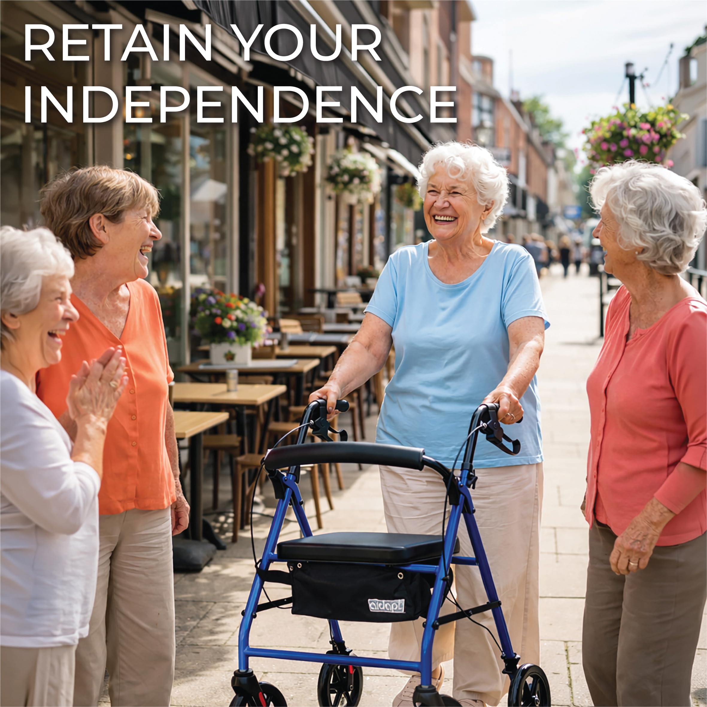 Aidapt Folding Rollator Walker with Padded Seat, Steel Frame, 8 Inch Puncture-Proof Wheels, Walking Aid with Brakes, Shopping Bag & Adjustable Handles for Seniors and Elderly - Very Good
