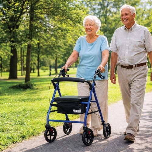 Aidapt Folding Rollator Walker with Padded Seat, Steel Frame, 8 Inch Puncture-Proof Wheels, Walking Aid with Brakes, Shopping Bag & Adjustable Handles for Seniors and Elderly - Very Good