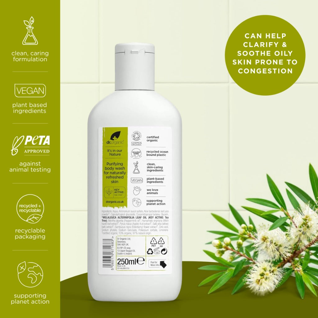 Dr Organic Tea Tree Body Wash, Shower Gel, Natural, Vegan, Cruelty-Free, Paraben & SLS-Free, Recyclable & Recycled Ocean Bound Plastic, Certified Organic, 250ml, Packaging may vary - New