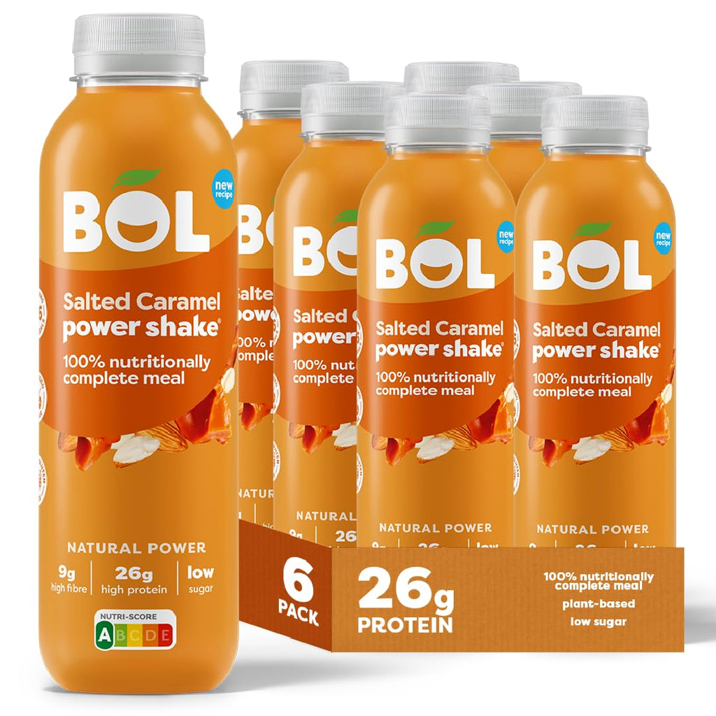 BOL Salted Caramel Power Shake - 410ml x 6 Bottles - Ready-to-Drink Meal Replacement - 27g Protein - Plant-Based, Low Sugar, High Fibre - Damaged Box - BBE 07/2026