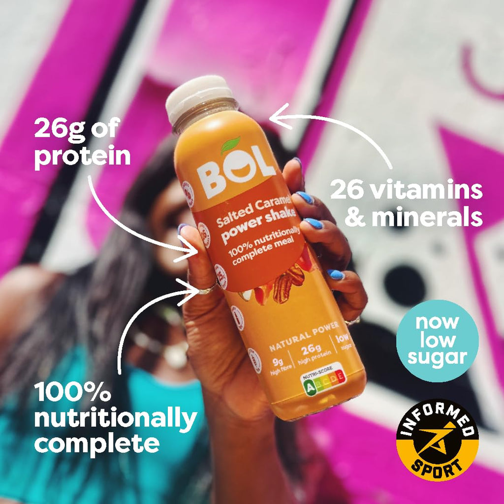 BOL Salted Caramel Power Shake - 410ml x 6 Bottles - Ready-to-Drink Meal Replacement - 27g Protein - Plant-Based, Low Sugar, High Fibre - Damaged Box - BBE 07/2026
