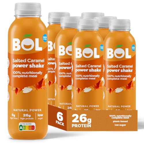 BOL Salted Caramel Power Shake - 410ml x 6 Bottles - Ready-to-Drink Meal Replacement - 27g Protein - Plant-Based, Low Sugar, High Fibre - Damaged Box - BBE 07/2026