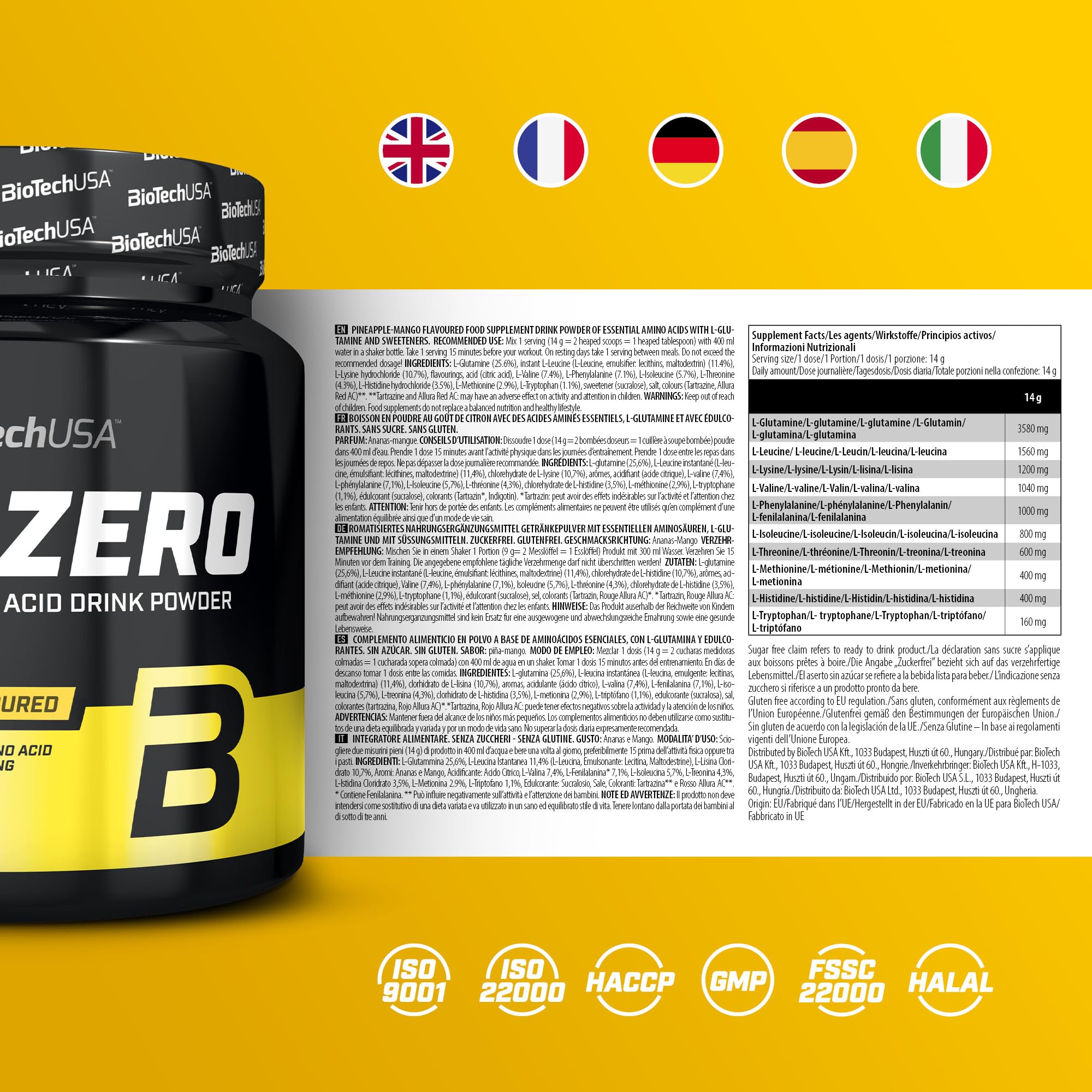 BioTechUSA EAA Zero Essential Amino Acid Powder - 7160mg EAA, Sugar-Free, Gluten-Free, Pineapple-Mango 350g Supplement - Damaged Box - BBE 08/2028