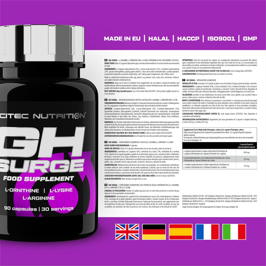 Scitec Nutrition GH Surge - L-Arginine, L-Ornithine, L-Lysine Food Supplement Capsules - 90 Caps - New - BBE 09/2028