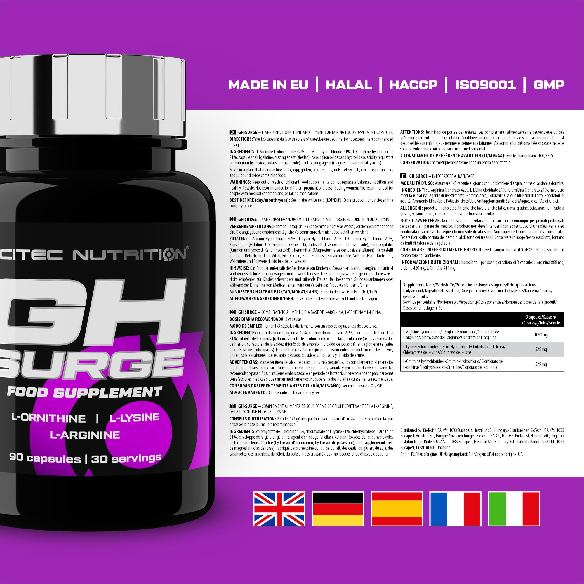 Scitec Nutrition GH Surge - L-Arginine, L-Ornithine, L-Lysine Food Supplement Capsules - 90 Caps - New - BBE 09/2028