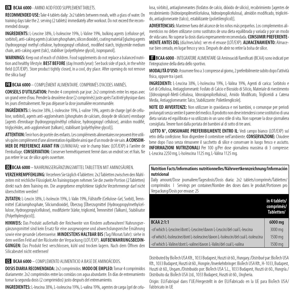 BioTechUSA BCAA 6000 Tablets - 100 Tabs - 6000mg 2:1:1 Ratio - Muscle Growth & Energy Amino Acids Supplement - New - BBE 12/2028
