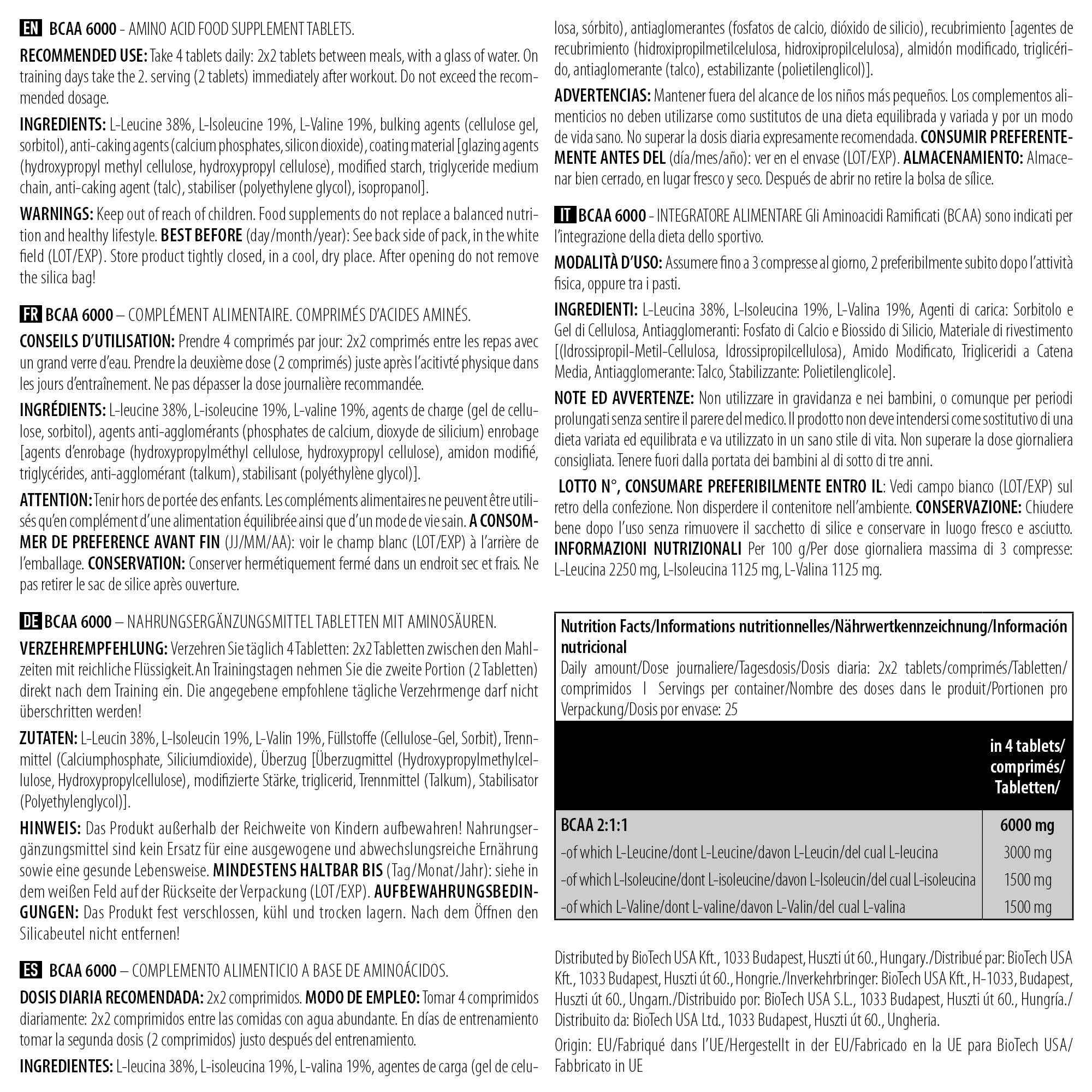 BioTechUSA BCAA 6000 Tablets - 100 Tabs - 6000mg 2:1:1 Ratio - Muscle Growth & Energy Amino Acids Supplement - New - BBE 12/2028