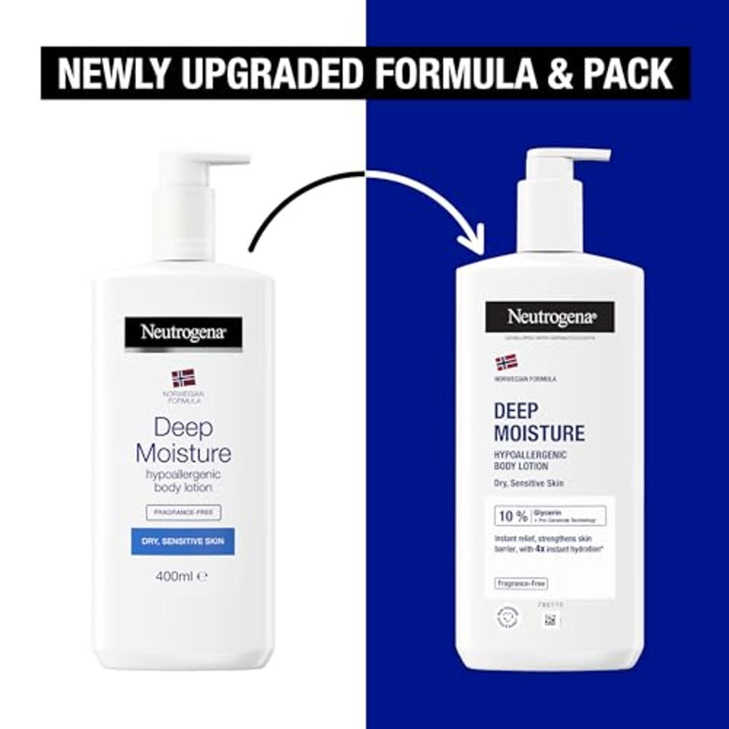 Neutrogena Norwegian Formula Deep Moisture Body Lotion - 400ml Fragrance-Free Moisturiser for Sensitive Dry Skin - 48H Hydration - New