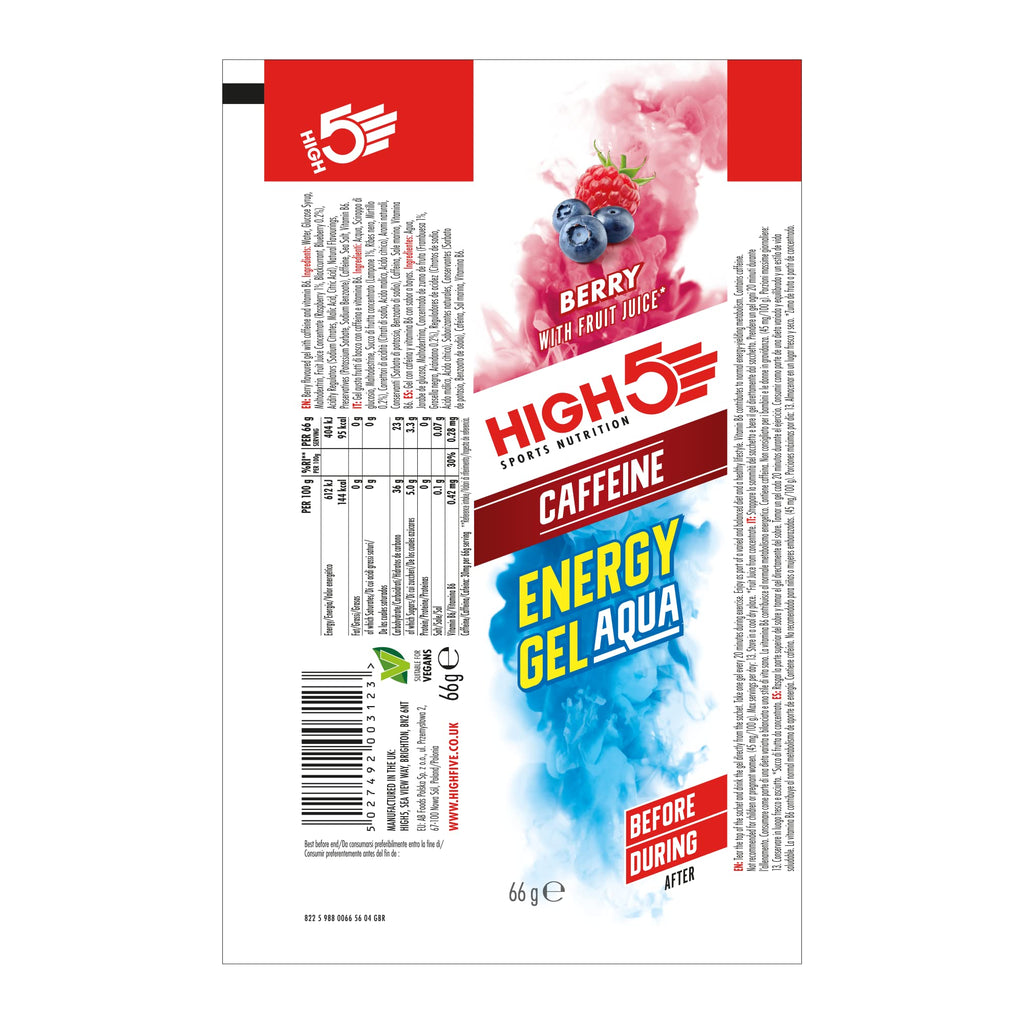 HIGH5 Aqua Caffeine Gels - Berry 20 x 66g - Carbohydrate Energy Fuel for Running Cycling Hiking Endurance - New - BBE 07/2026