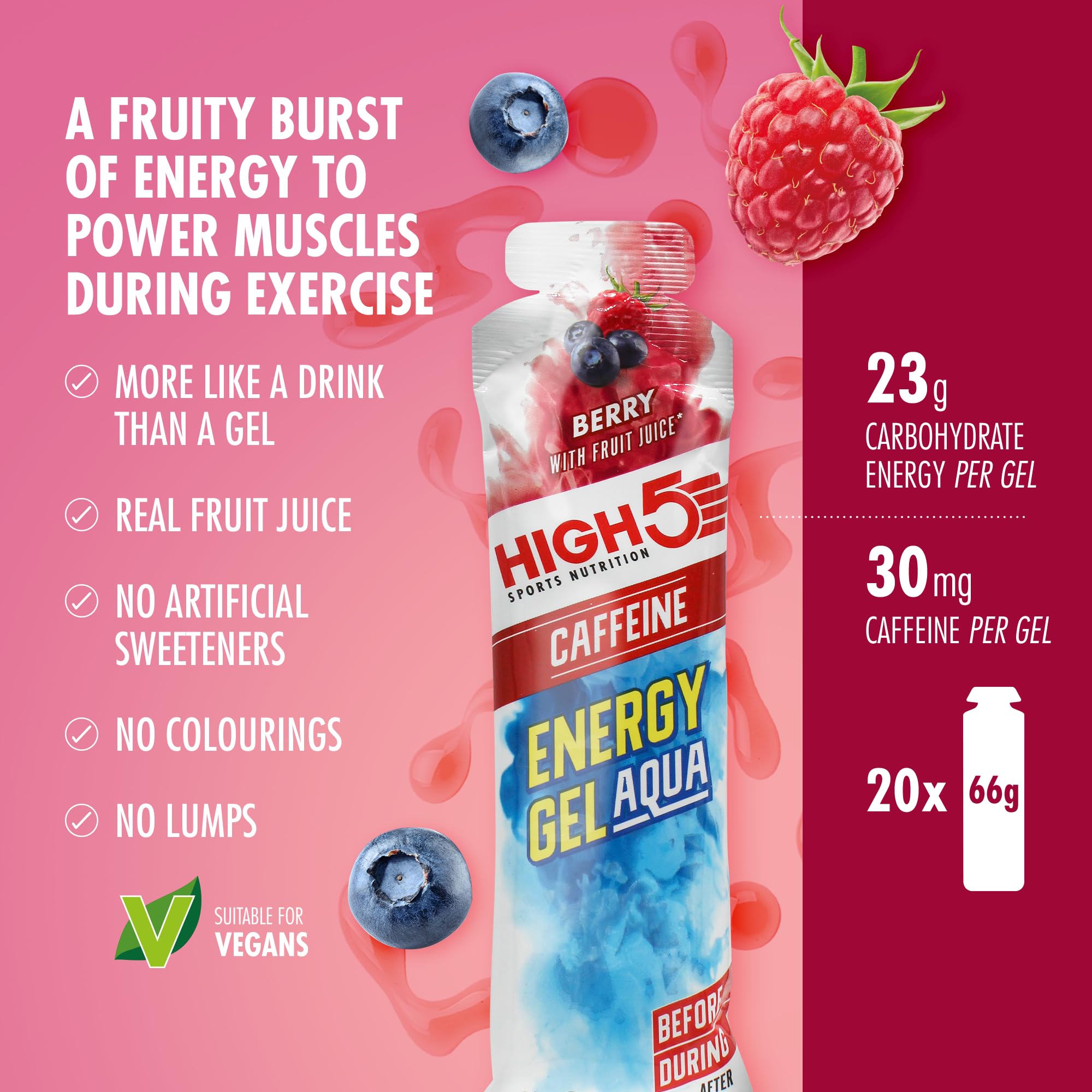 HIGH5 Aqua Caffeine Gels - Berry 20 x 66g - Carbohydrate Energy Fuel for Running Cycling Hiking Endurance - New - BBE 07/2026