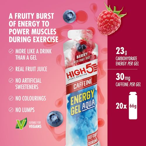 HIGH5 Aqua Caffeine Gels - Berry 20 x 66g - Carbohydrate Energy Fuel for Running Cycling Hiking Endurance - New - BBE 07/2026