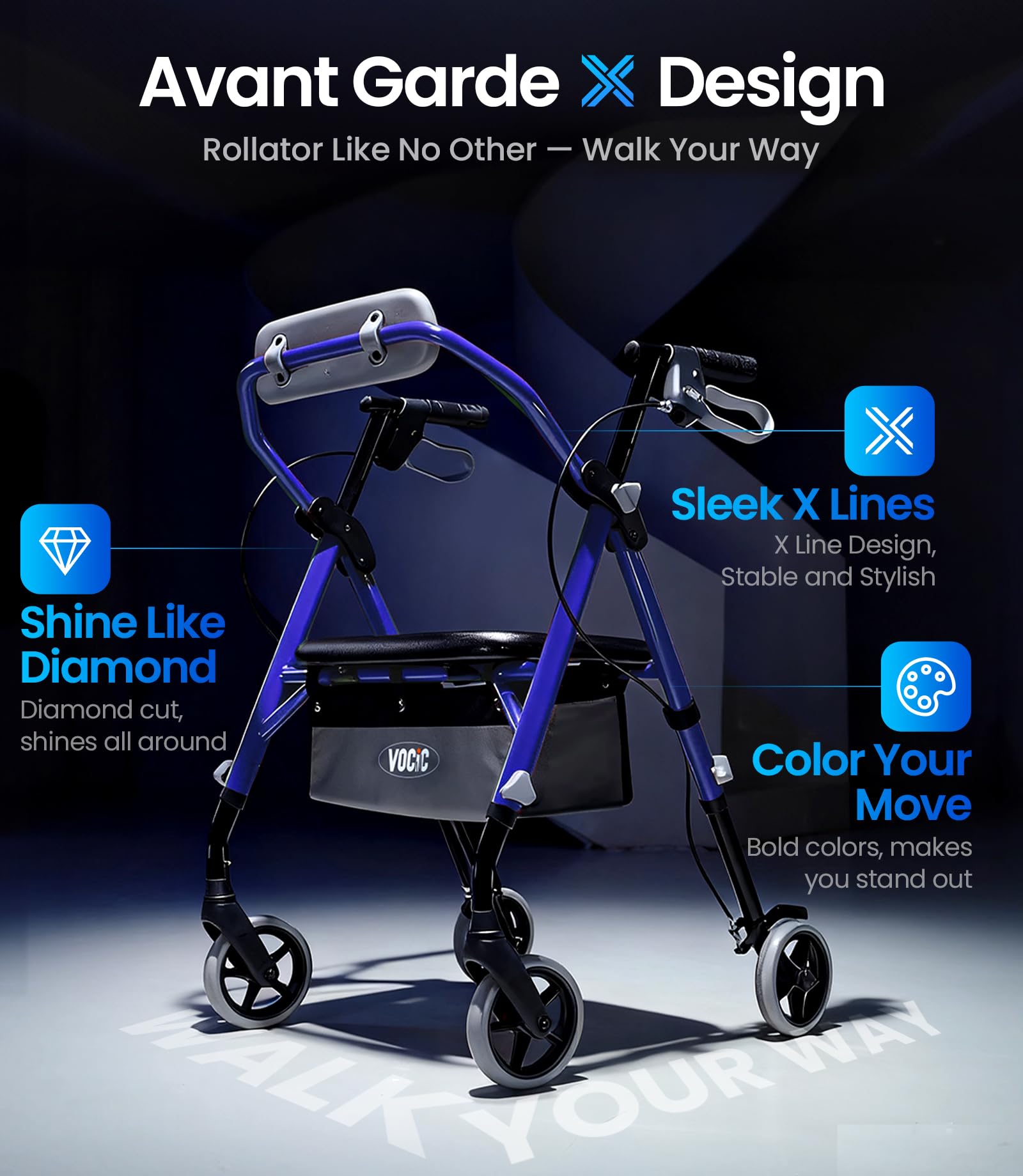 VOCIC Z11 Rollator Walker with Seat - Foldable Mobility Aid for Seniors - Max 172kg Capacity - New