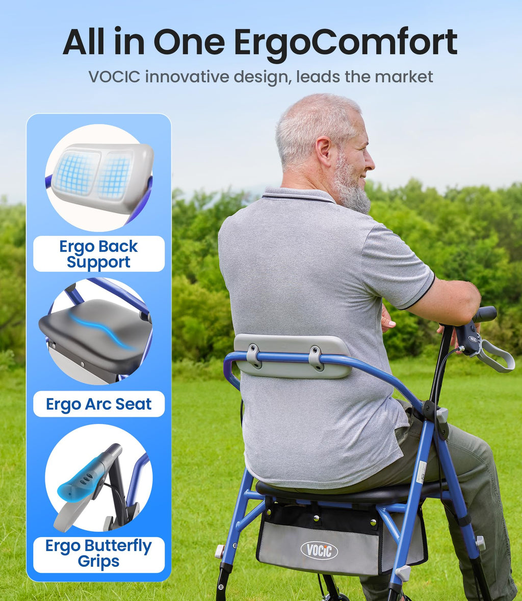 VOCIC Z11 Rollator Walker with Seat - Foldable Mobility Aid for Seniors - Max 172kg Capacity - New