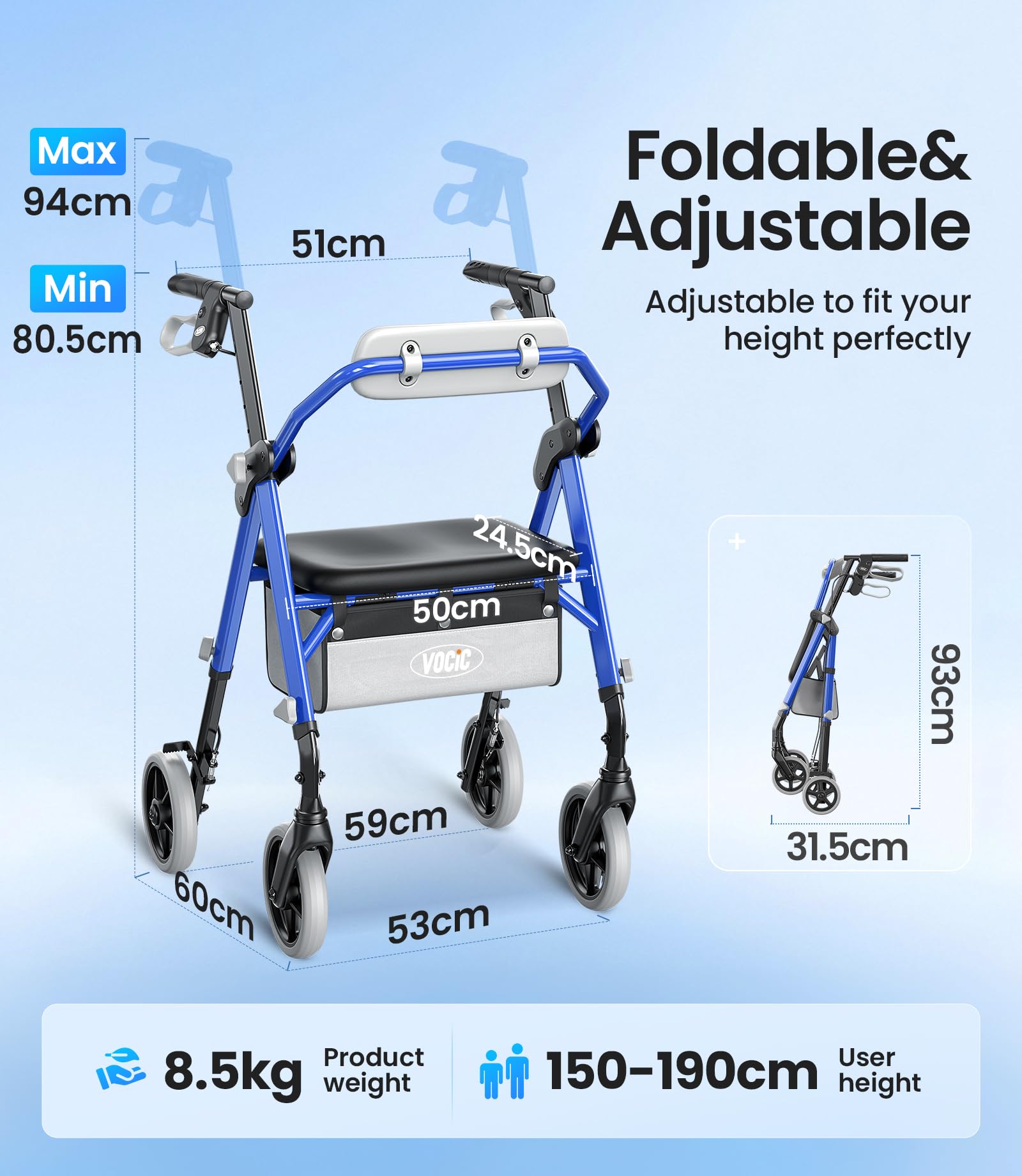 VOCIC Z11 Rollator Walker with Seat - Foldable Mobility Aid for Seniors - Max 172kg Capacity - New