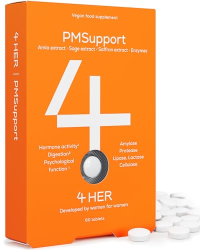 4 HER PMSupport - PMS Supplements for Women - 60 Vegan Tablets - Premenstrual Support Hormone Balance Digestive Enzymes Sage Saffron Extract - Damaged Box - BBE 07/2026