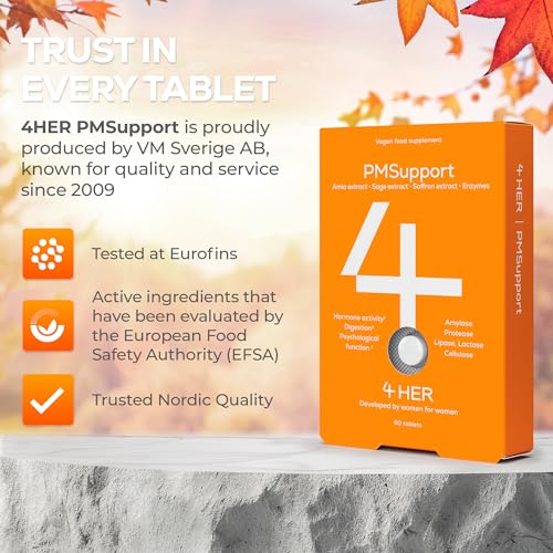 4 HER PMSupport - PMS Supplements for Women - 60 Vegan Tablets - Premenstrual Support Hormone Balance Digestive Enzymes Sage Saffron Extract - Damaged Box - BBE 07/2026