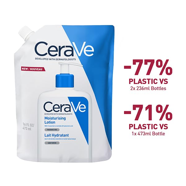 CeraVe Moisturising Lotion Refill With Hyaluronic Acid and 3 Essential Ceramides for Dry to Very Dry Skin, Face & Body Lotion, Lightweight, Fast-Absorbing, Dermatologist Developed, 473 ml - Damaged Box
