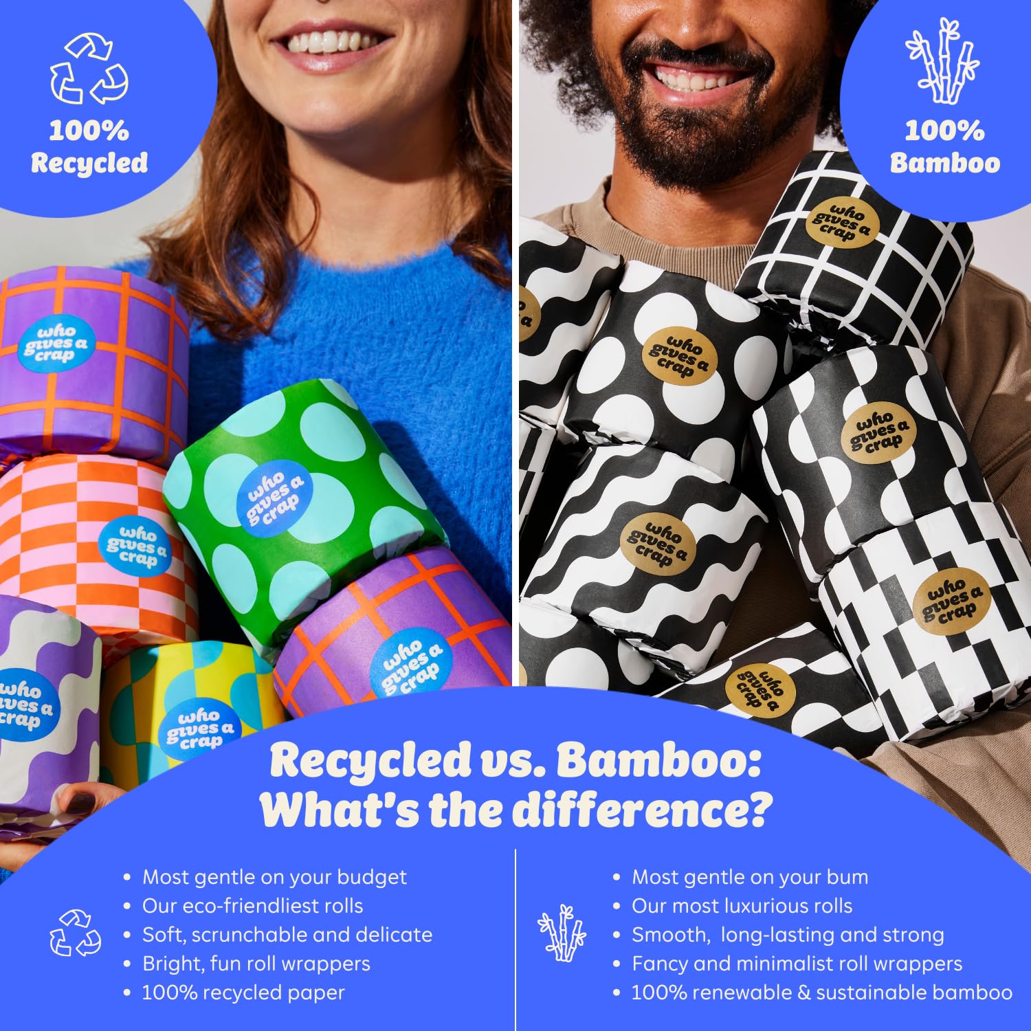 Who Gives A Crap Toilet Paper - 100% Recycled 3-Ply 400 Sheets - Box of 24 Rolls Sustainable Soft Strong - New