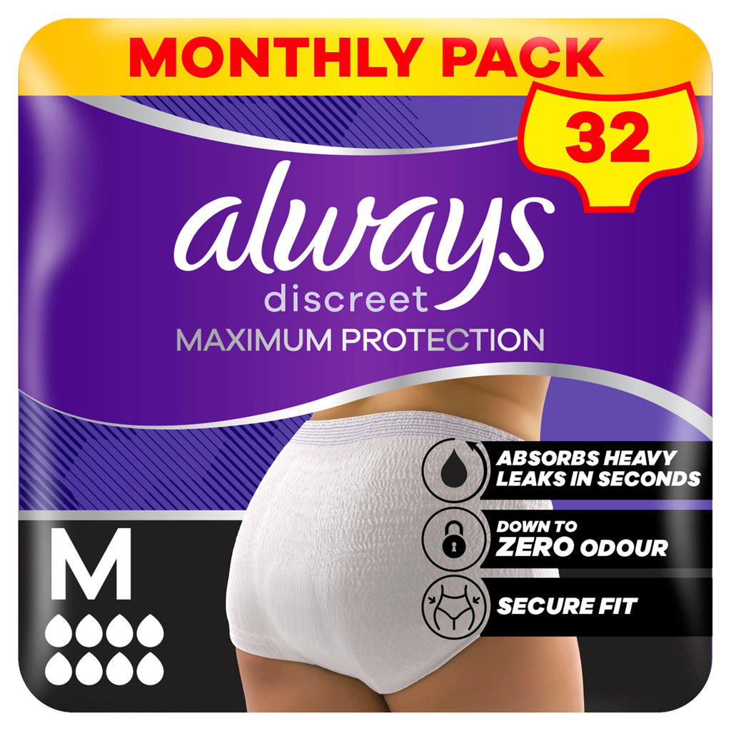 Always Discreet Maximum Protection Incontinence Pants M - Medium - 4x8 Count - Discreet Absorbency - Damaged Box