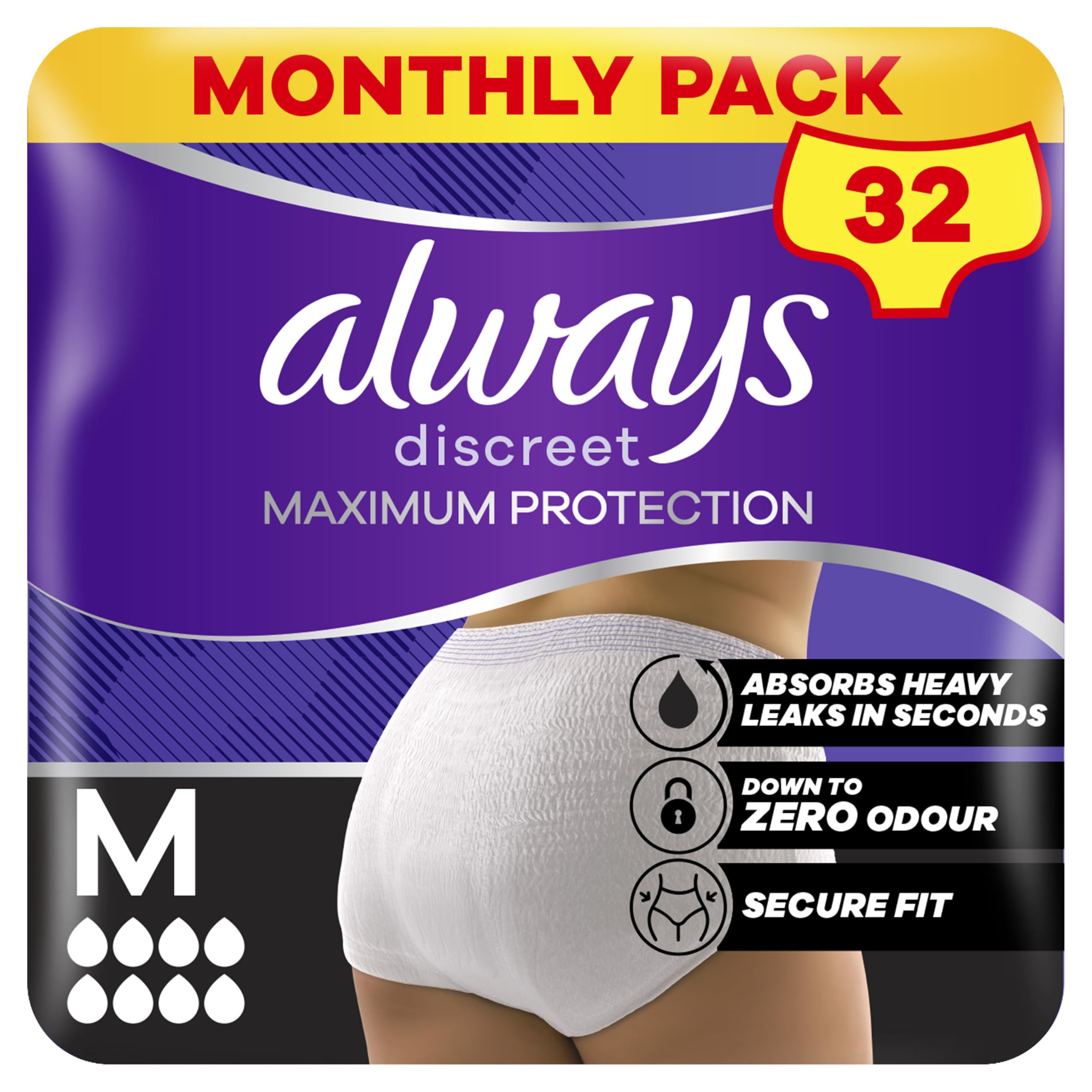 Always Discreet Maximum Protection Incontinence Pants M - Medium - 4x8 Count - Discreet Absorbency - Damaged Box