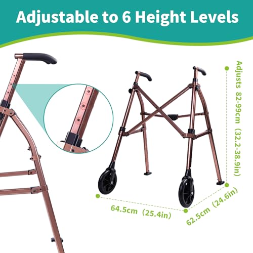 Lefeke Folding Walking Frame with Wheels - Adjustable Lightweight Mobility Walker for Elderly Seniors Disabled - Glide Skids - New