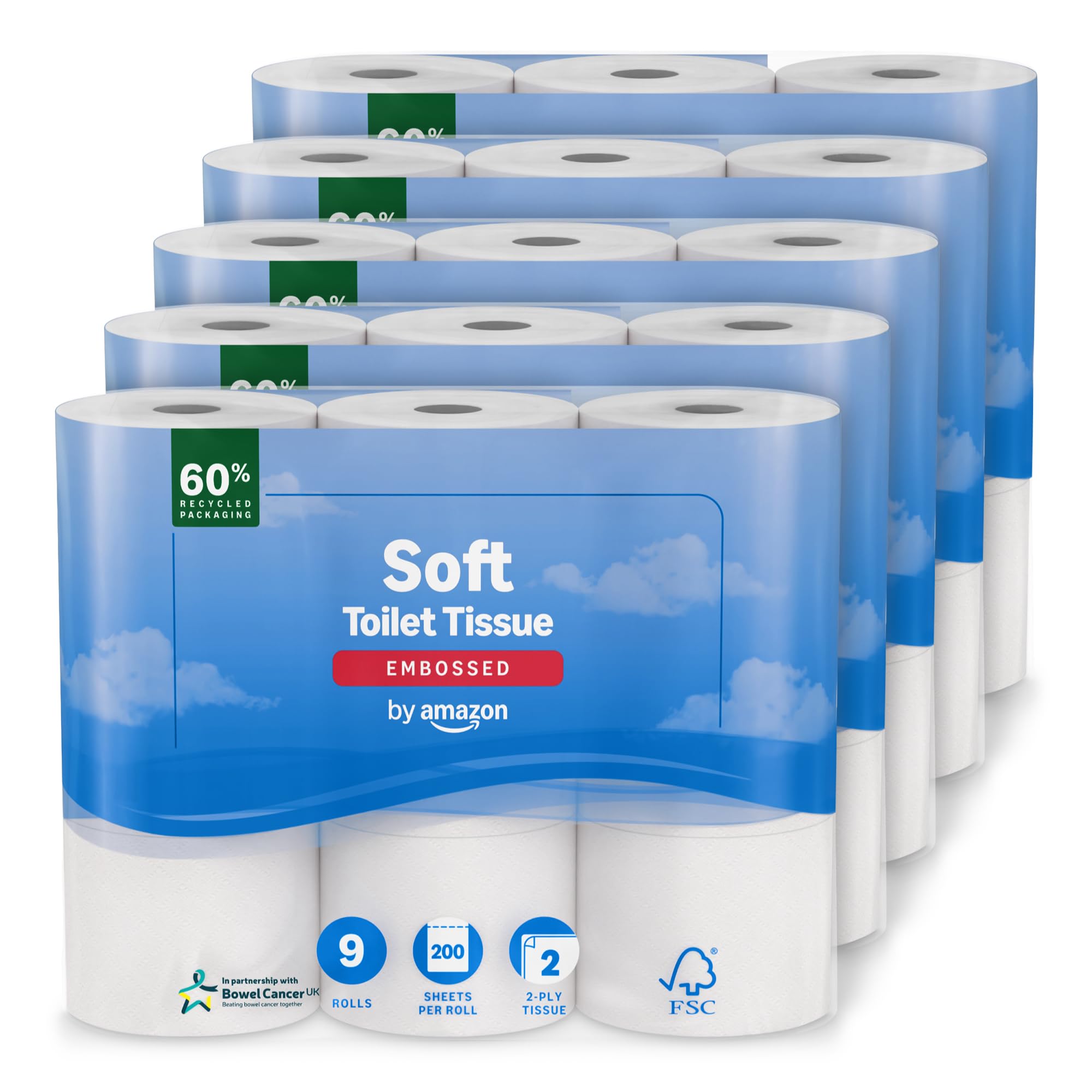 Amazon Soft Toilet Tissue 2-Ply - 45 Rolls (5x9) - 200 Sheets per Roll - FSC Certified Toilet Paper - New
