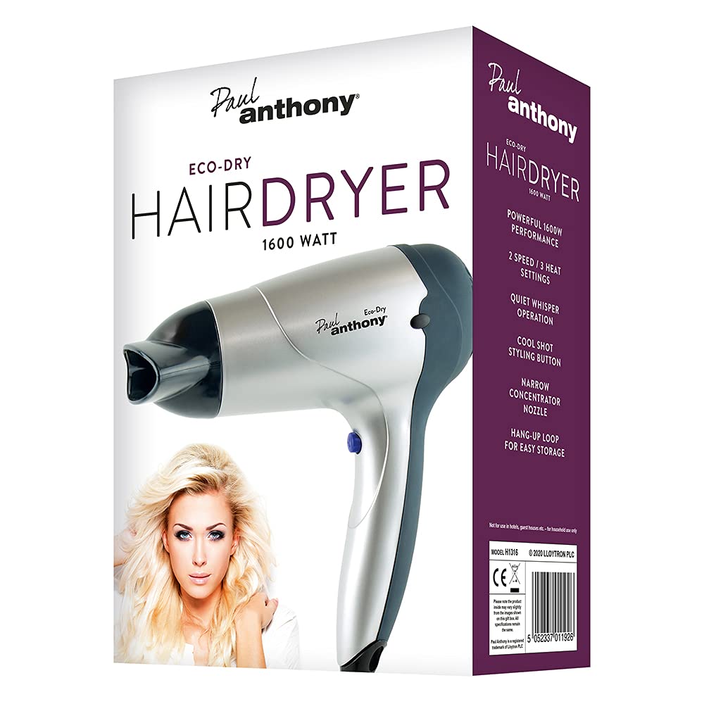 Paul Anthony Eco-Dry 1600w Hair Dryer / 3 Heat Settings / 3 Speed Settings/Concentrator Nozzle/Safety Cut-Off/DC Motor - Silver - H1316 - Damaged Box