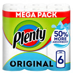 Plenty Kitchen Roll - 6 Rolls - 2-Ply White Kitchen Towel Paper - Absorbent Household Cleaning Tissue - Damaged Box