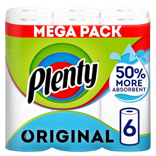 Plenty Kitchen Roll - 6 Rolls - 2-Ply White Kitchen Towel Paper - Absorbent Household Cleaning Tissue - Damaged Box