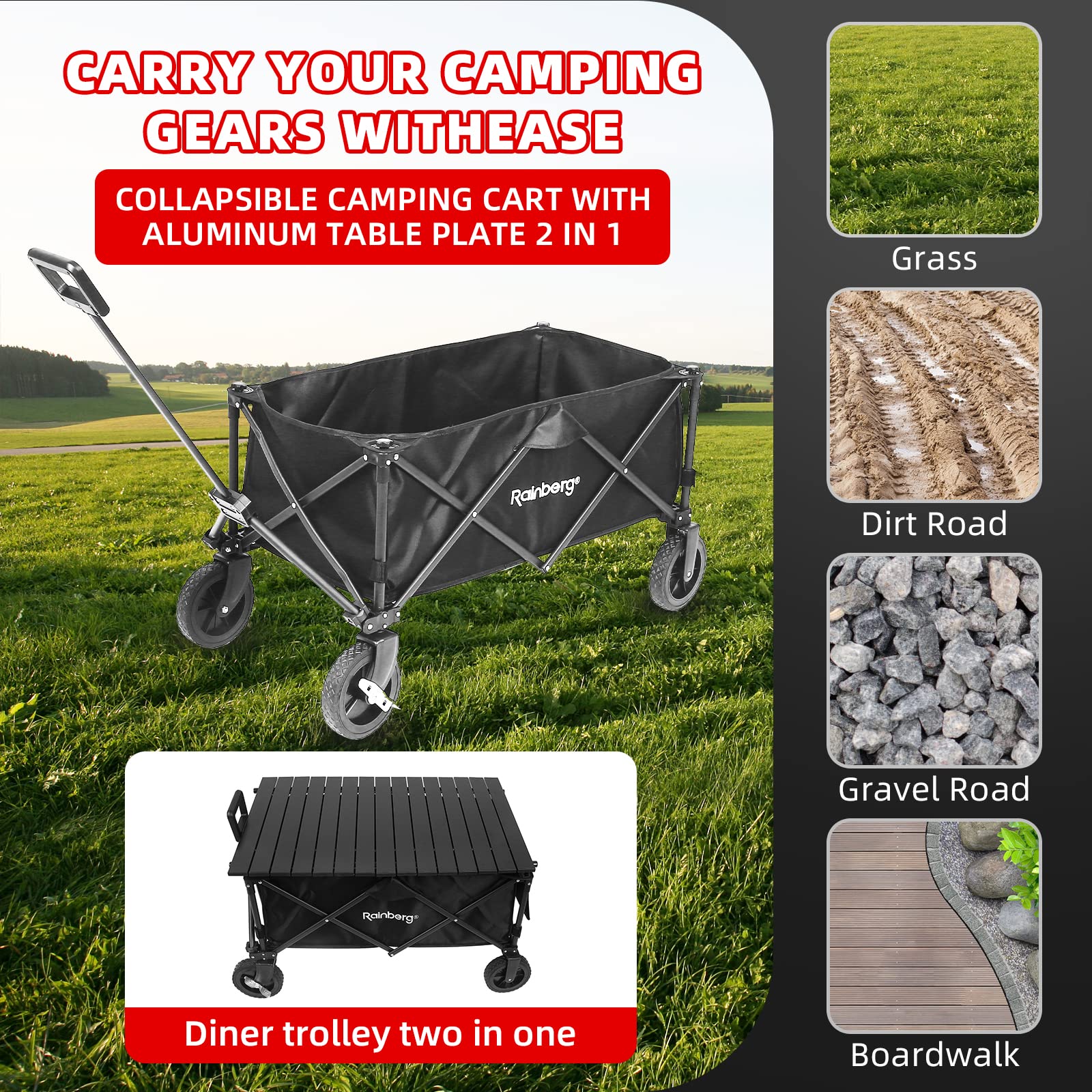 Rainberg Folding Trolley Cart - 120KG Capacity Wagon with Table Top, Adjustable Handle & Cover Bag - Black for Camping Picnic Shopping - Damaged Box