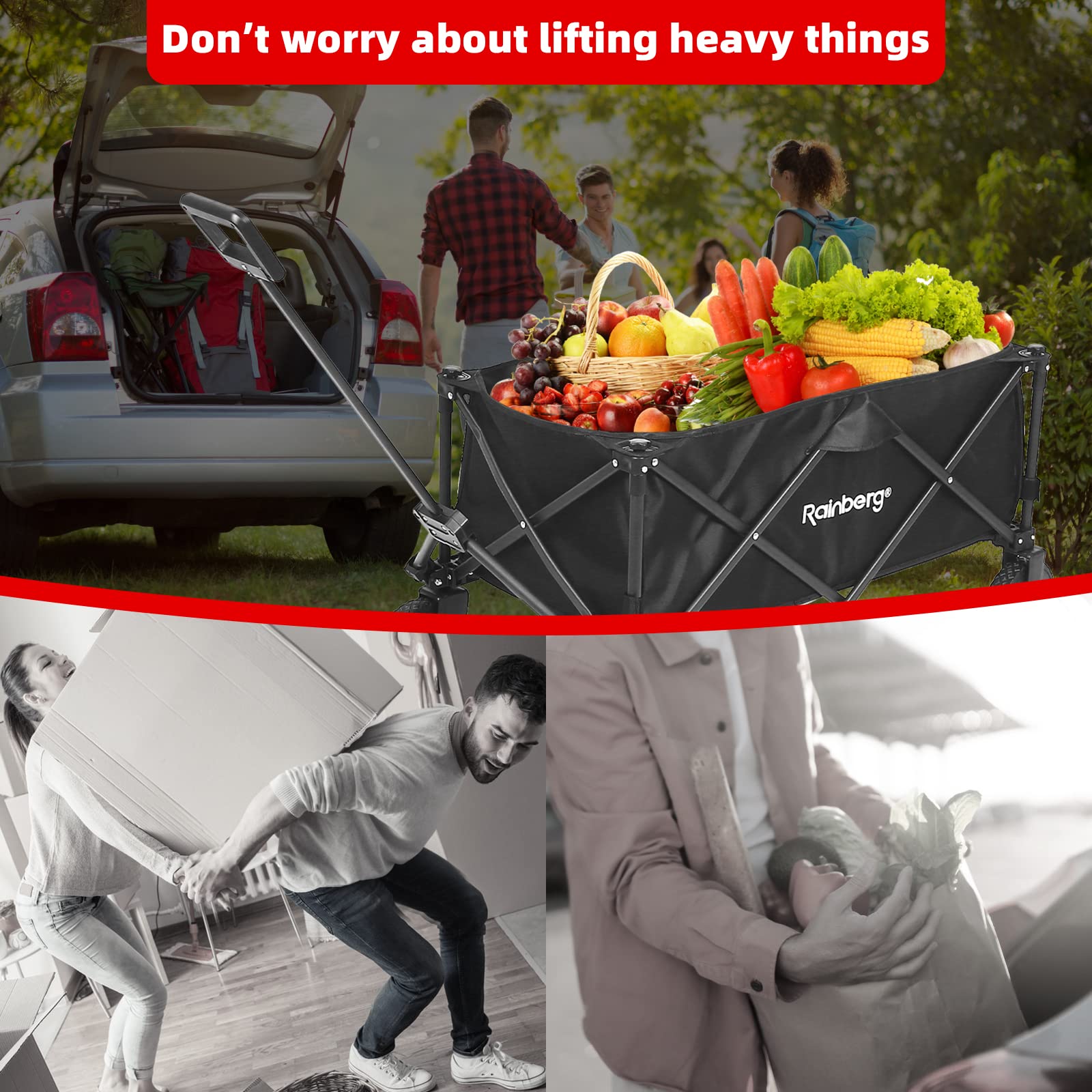 Rainberg Folding Trolley Cart - 120KG Capacity Wagon with Table Top, Adjustable Handle & Cover Bag - Black for Camping Picnic Shopping - Damaged Box